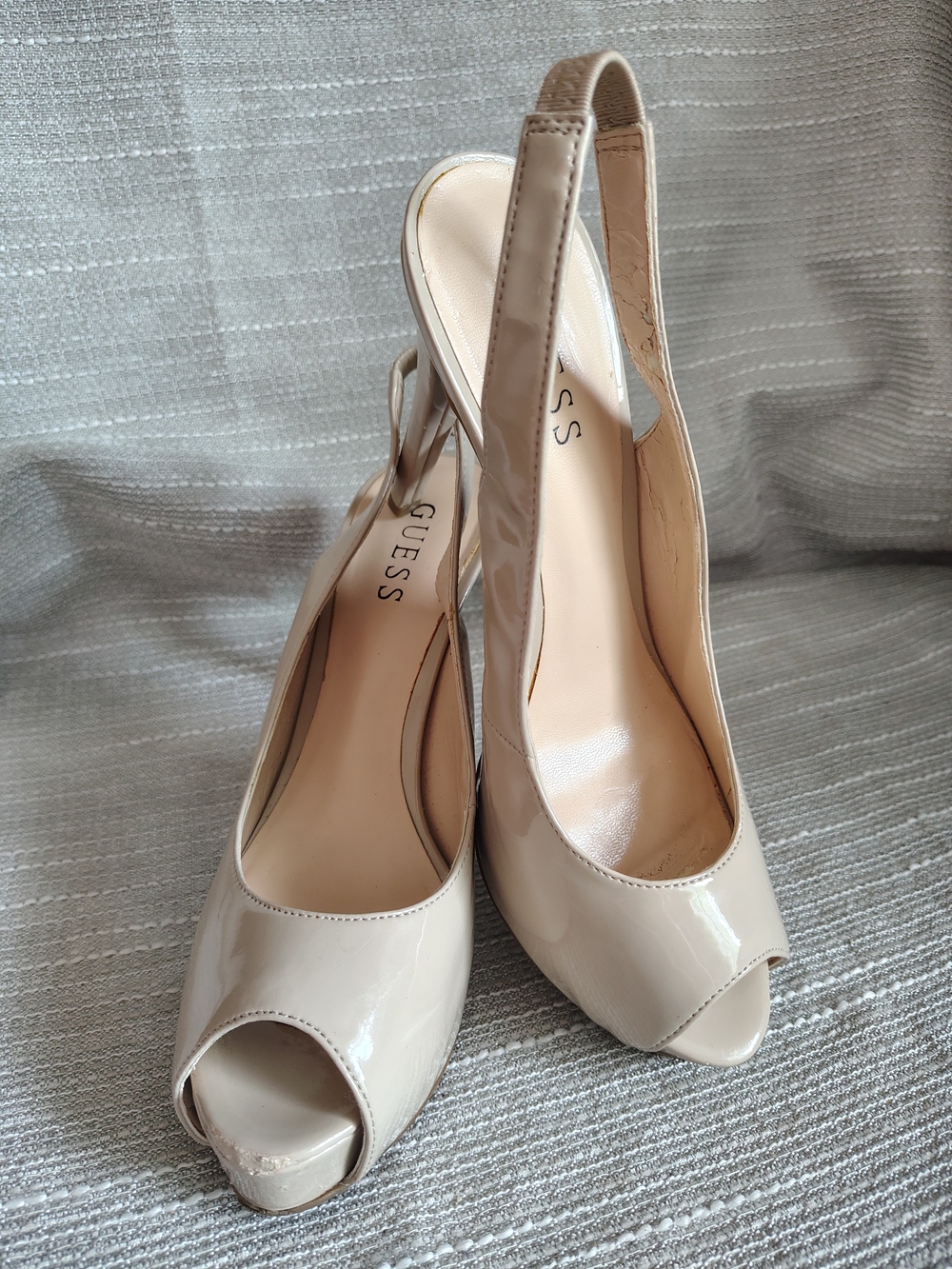 Guess Nude Patent Peep Toe Slingback Platform Heels 7.5M